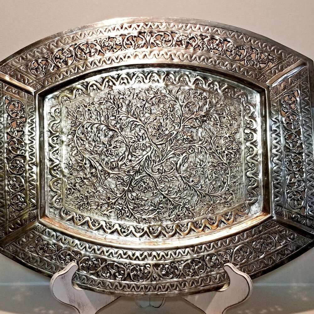 Large Silver Plate India Kutch Tray ~Footed~ Beautiful Detail  23 1/4" w/Handles